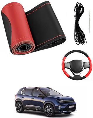 MATIES Hand Stiched Steering Cover For Universal For Car Universal For Car(Red/Black, Leatherite)