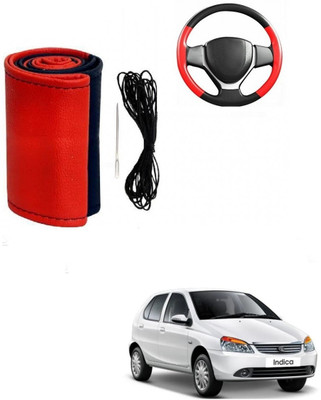 Autocom Hand Stiched Steering Cover For Tata Indica(Red, Black, Leather)