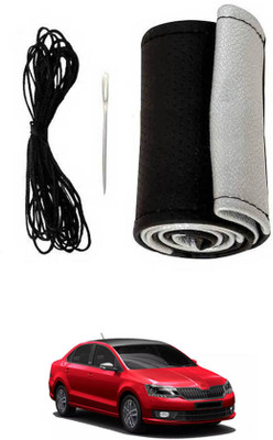 monolive Hand Stiched Steering Cover For Skoda Rapid(Silver/Black, Leatherite)