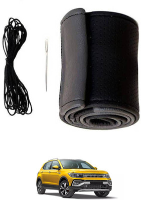 MATIES Hand Stiched Steering Cover For Volkswagen Universal For Car(Black/Grey, Leatherite)