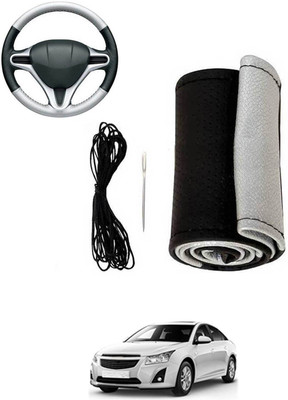 MATIES Hand Stiched Steering Cover For Chevrolet Cruze(Silver, Black, Leatherite)