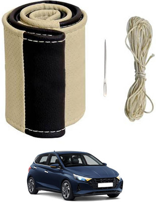 ABJD Hand Stiched Steering Cover For Hyundai i20(Beige, Black, Leatherite)
