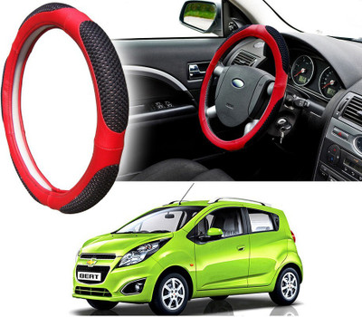 Selifaur Steering Cover For Chevrolet Beat(Black Red, Leatherite, Fabric)