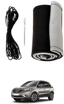 MATIES Hand Stiched Steering Cover For Renault Koleos(Black-Silver, Leatherite)