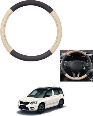 MATIES Steering Cover For Skoda Yeti(Beige/Black, Leather)