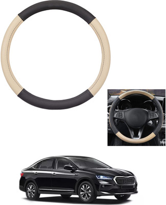 MATIES Steering Cover For Skoda Universal For Car(Beige/Black, Leather)
