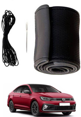 MATIES Hand Stiched Steering Cover For Volkswagen Universal For Car(Black/Grey, Leatherite)