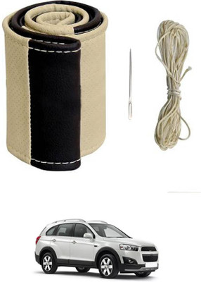 ABJD Hand Stiched Steering Cover For Toyota Captiva(Beige, Black, Leatherite)