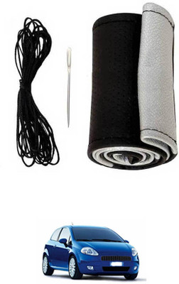 MATIES Hand Stiched Steering Cover For Fiat Grand Punto(Black-Silver, Leatherite)