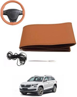 MATIES Hand Stiched Steering Cover For Skoda Universal For Car(Tan, Leatherite)