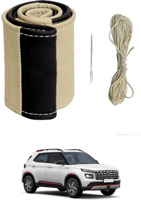MATIES Hand Stiched Steering Cover For Hyundai Universal For Car(Beige/Black, Leatherite)