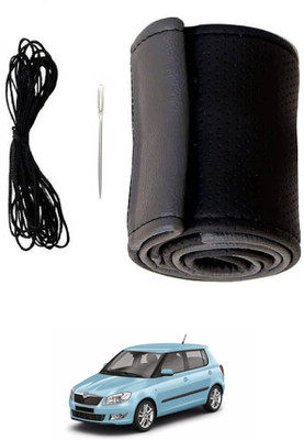 MATIES Hand Stiched Steering Cover For Skoda Fabia(Black/Grey, Leatherite)