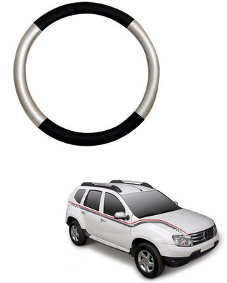 RKPSP Hand Stiched Steering Cover For Universal For Car Duster(Silver/Black, Leatherite)