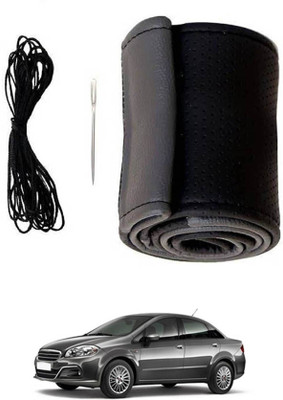 MATIES Hand Stiched Steering Cover For Fiat Universal For Car(Black/Grey, Leatherite)