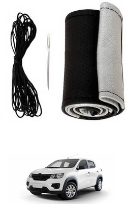 monolive Hand Stiched Steering Cover For Renault Kwid(Silver/Black, Leatherite)