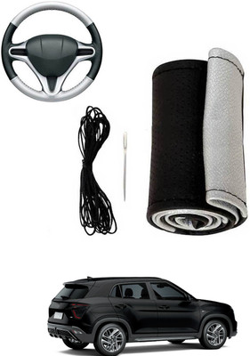 MATIES Hand Stiched Steering Cover For Hyundai Universal For Car(Silver, Black, Leatherite)