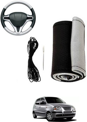 MATIES Hand Stiched Steering Cover For Hyundai Universal For Car(Silver, Black, Leatherite)