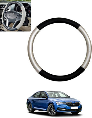 monolive Hand Stiched Steering Cover For Skoda Superb(Silver/Black, Leatherite)