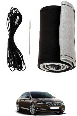 monolive Hand Stiched Steering Cover For Skoda Superb(Silver/Black, Leatherite)
