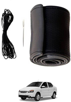 MATIES Hand Stiched Steering Cover For Tata Indigo(Black/Grey, Leatherite)