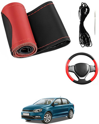MATIES Hand Stiched Steering Cover For Volkswagen Universal For Car(Red/Black, Leatherite)