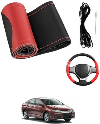 MATIES Hand Stiched Steering Cover For Honda Universal For Car(Red/Black, Leatherite)