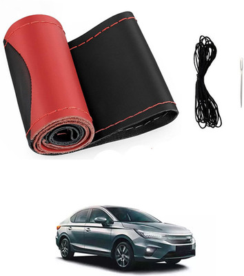 MATIES Hand Stiched Steering Cover For Honda City(Red/Black, Leatherite)