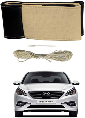 RKPSP Hand Stiched Steering Cover For Universal For Car Sonata Fluidic(Beige/Black, Leatherite)