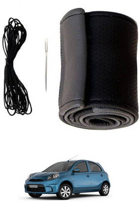 MATIES Hand Stiched Steering Cover For Nissan Micra Active(Black/Grey, Leatherite)
