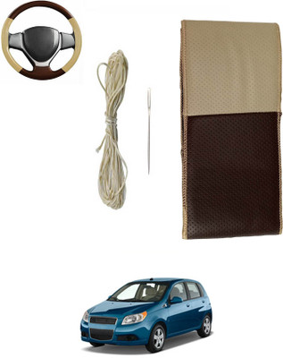 MATIES Hand Stiched Steering Cover For Chevrolet Aveo(Beige/Brown, Leatherite)