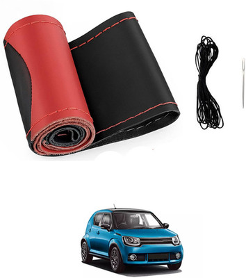 MATIES Hand Stiched Steering Cover For Universal For Car Universal For Car(Red/Black, Leatherite)