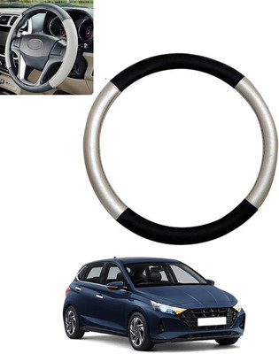 monolive Hand Stiched Steering Cover For Hyundai i20(Silver/Black, Leatherite)