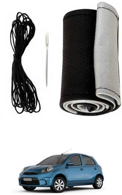 MATIES Hand Stiched Steering Cover For Nissan Micra Active(Black-Silver, Leatherite)