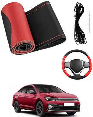 MATIES Hand Stiched Steering Cover For Volkswagen Universal For Car(Red/Black, Leatherite)