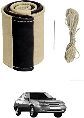 MATIES Hand Stiched Steering Cover For Daewoo Cielo(Beige/Black, Leatherite)