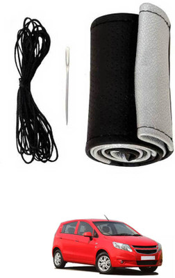 monolive Hand Stiched Steering Cover For Chevrolet Sail UVA(Silver/Black, Leatherite)