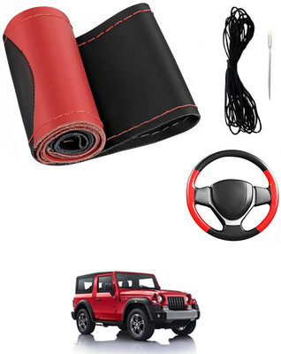 MATIES Hand Stiched Steering Cover For Mahindra Thar(Red/Black, Leatherite)