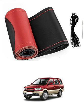 MSNP Hand Stiched Steering Cover For Chevrolet Tavera(Red & Black, Leatherite)
