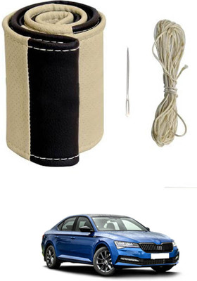 monolive Hand Stiched Steering Cover For Skoda Superb(Beige/Black, Leatherite)