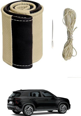 MATIES Hand Stiched Steering Cover For Hyundai Universal For Car(Beige/Black, Leatherite)
