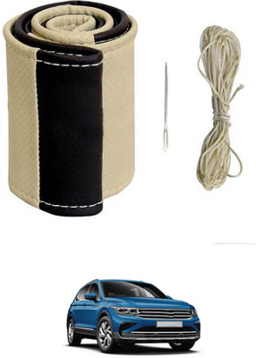 MATIES Hand Stiched Steering Cover For Volkswagen Universal For Car(Beige/Black, Leatherite)