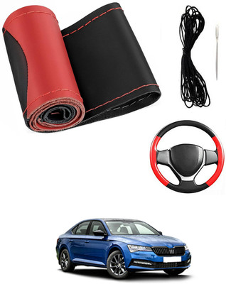 MATIES Hand Stiched Steering Cover For Skoda Superb(Red/Black, Leatherite)
