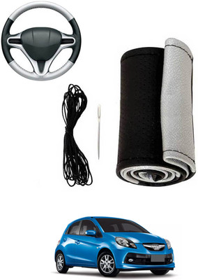 MATIES Hand Stiched Steering Cover For Honda Brio(Silver, Black, Leatherite)