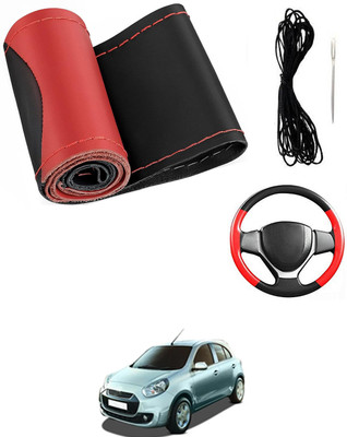 MATIES Hand Stiched Steering Cover For Renault Pulse(Red/Black, Leatherite)