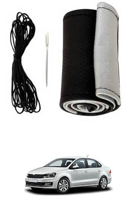 MATIES Hand Stiched Steering Cover For Volkswagen Vento(Black-Silver, Leatherite)