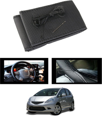 ABJD Hand Stiched Steering Cover For Hyundai Jazz(Black, Leatherite)