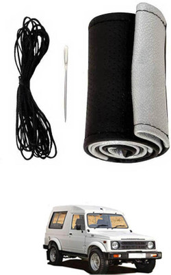 MATIES Hand Stiched Steering Cover For Universal For Car Gypsy(Black-Silver, Leatherite)