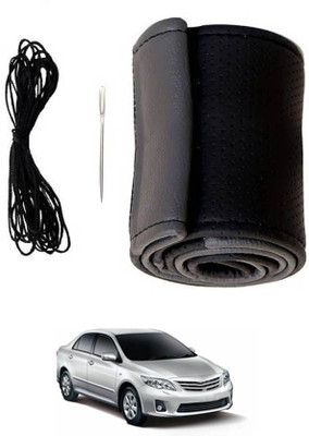 MATIES Hand Stiched Steering Cover For Toyota Altis(Black/Grey, Leatherite)