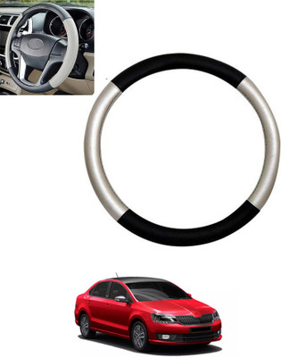 monolive Hand Stiched Steering Cover For Skoda Rapid(Silver/Black, Leatherite)
