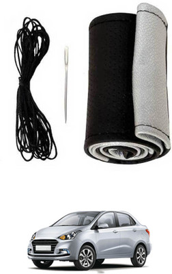 MATIES Hand Stiched Steering Cover For Hyundai Xcent(Black-Silver, Leatherite)